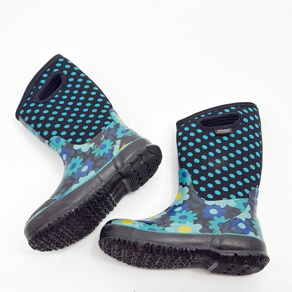 Bogs K Classic Rain Muck Boots Girls Size 3 Yellow Blue Flowers - Picture 3 of 12